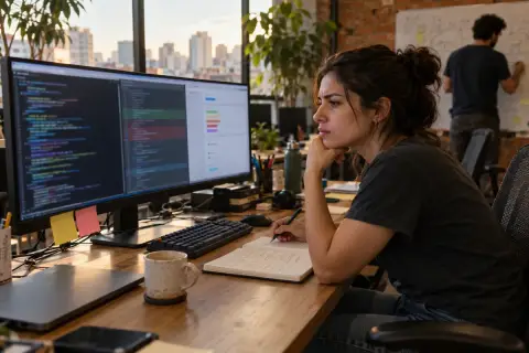Desarrolladora pensativa, con el mentón apoyado en la mano y un bolígrafo en la otra, frente a un monitor ultrawide con código y un panel de configuración, junto a un cuaderno de notas, en una oficina de startup con un colega al fondo dibujando en una pizarra y la vista de una ciudad por la ventana