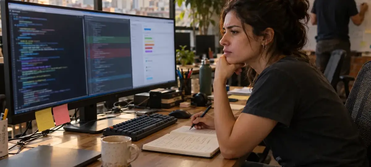 Desarrolladora pensativa, con el mentón apoyado en la mano y un bolígrafo en la otra, frente a un monitor ultrawide con código y un panel de configuración, junto a un cuaderno de notas, en una oficina de startup con un colega al fondo dibujando en una pizarra y la vista de una ciudad por la ventana