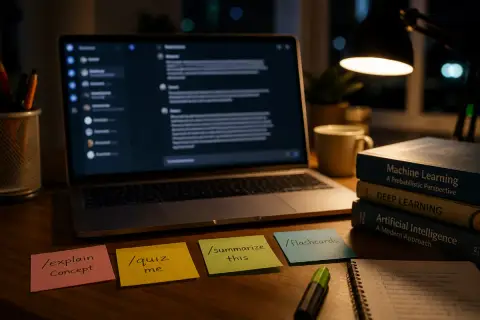 Foto editorial en primer plano del escritorio de un estudiante por la noche, con la pantalla del portátil mostrando una interfaz de chat desenfocada, notas adhesivas de colores con nombres de comandos de estudio escritos a mano, libros de texto apilados y un resaltador cerca, con la luz cálida de una lámpara de escritorio