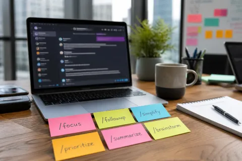 Foto editorial en primer plano del escritorio de oficina de un profesional, con la pantalla del portátil mostrando una interfaz de chat desenfocada, notas adhesivas de colores con nombres de comandos de productividad escritos a mano, una taza de café y un cuaderno cerca, con luz natural de día por la ventana de la oficina