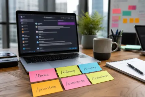 Foto editorial en primer plano del escritorio de oficina de un profesional, con la pantalla del portátil mostrando una interfaz de chat desenfocada, notas adhesivas de colores con nombres de comandos de productividad escritos a mano, una taza de café y un cuaderno cerca, con luz natural de día por la ventana de la oficina