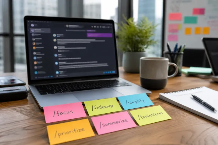 Foto editorial en primer plano del escritorio de oficina de un profesional, con la pantalla del portátil mostrando una interfaz de chat desenfocada, notas adhesivas de colores con nombres de comandos de productividad escritos a mano, una taza de café y un cuaderno cerca, con luz natural de día por la ventana de la oficina