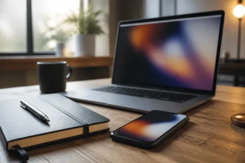 Foto editorial de una mesa de madera con un portátil abierto y un teléfono que muestra formas de color desenfocadas, junto a un cuaderno cerrado con un bolígrafo y una taza de café, con luz natural de ventana