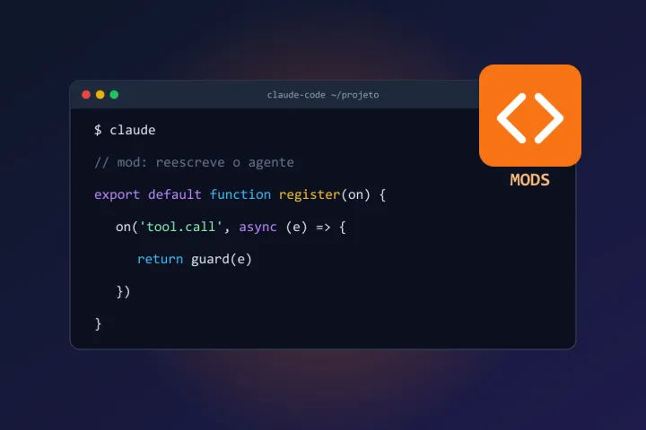 Ilustración de una ventana de terminal con un fragmento de código TypeScript de un mod de Claude Code y un ícono naranja con la etiqueta MODS, sobre un fondo azul oscuro