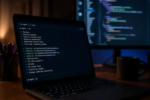 Foto editorial en primer plano del portátil de un desarrollador por la noche, con una sesión de agente de código de IA en una terminal oscura, y un segundo monitor suavemente desenfocado al fondo que muestra un editor de código