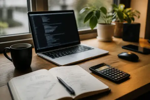Foto editorial del escritorio de un desarrollador con un portátil que muestra una terminal de código desenfocada, junto a una taza de café, un cuaderno abierto y una calculadora, con luz natural de ventana