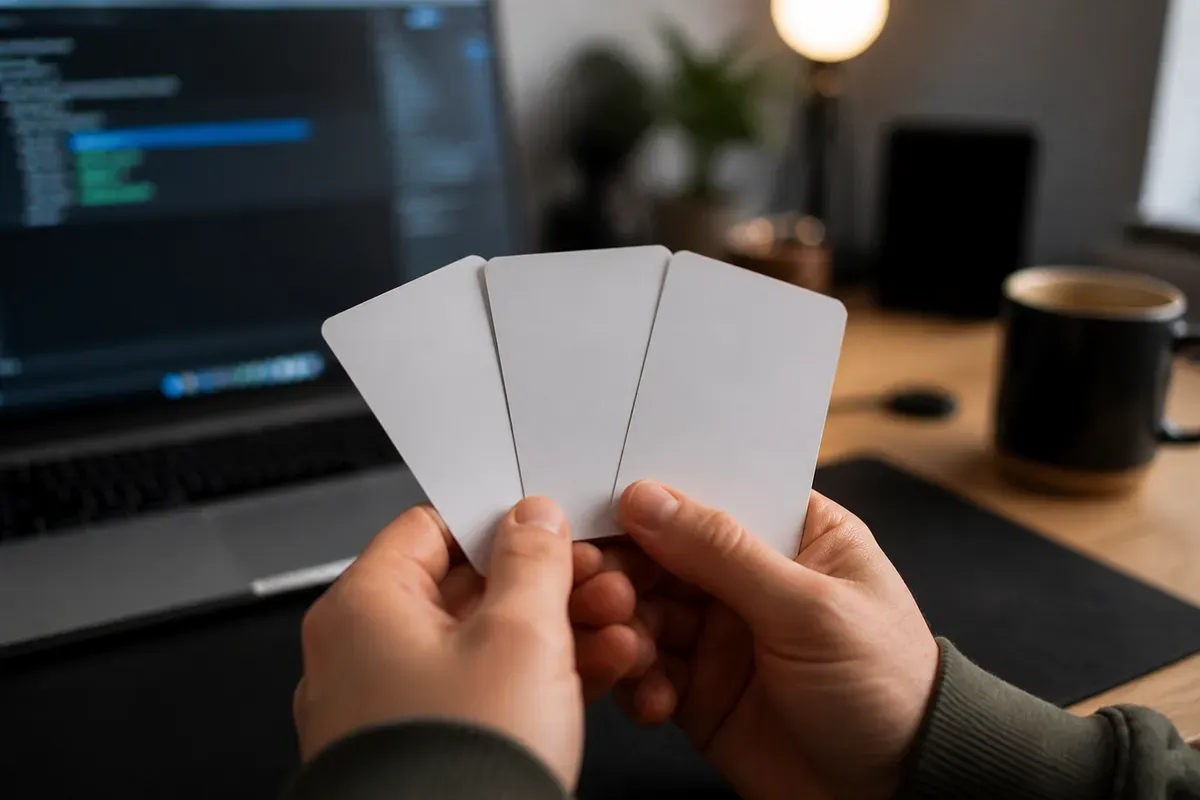 Primer plano de dos manos sosteniendo tres tarjetas blancas en abanico sobre una mesa, con un portátil que muestra un editor de código desenfocado al fondo
