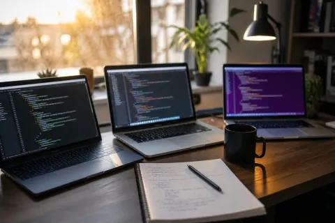 Foto editorial de un escritorio de desarrollador con tres portátiles lado a lado, cada uno mostrando un editor de código desenfocado con un tema de colores distinto, junto a una taza y un cuaderno, con luz cálida de fin de tarde