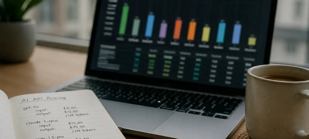 Foto editorial en primer plano de la pantalla del portátil de un desarrollador mostrando un gráfico desenfocado de comparación de benchmarks de chatbots de IA, con un cuaderno abierto lleno de anotaciones de precios a mano y una taza de café caliente sobre una mesa de madera, con luz de día suave