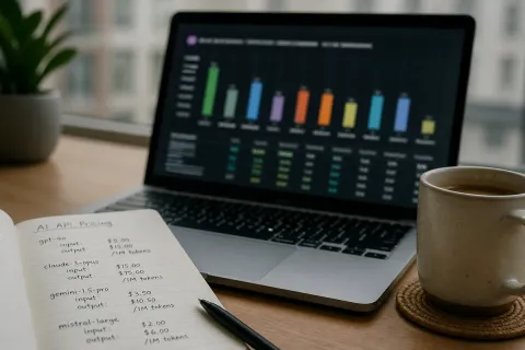 Foto editorial en primer plano de la pantalla del portátil de un desarrollador mostrando un gráfico desenfocado de comparación de benchmarks de chatbots de IA, con un cuaderno abierto lleno de anotaciones de precios a mano y una taza de café caliente sobre una mesa de madera, con luz de día suave