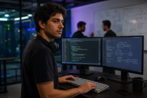 Joven ingeniero de IA con auriculares al cuello escribiendo en un teclado mecánico gris, frente a dos monitores con código y un diagrama de arquitectura, en una oficina de tecnología con sala de servidores y colegas ante una pizarra al fondo