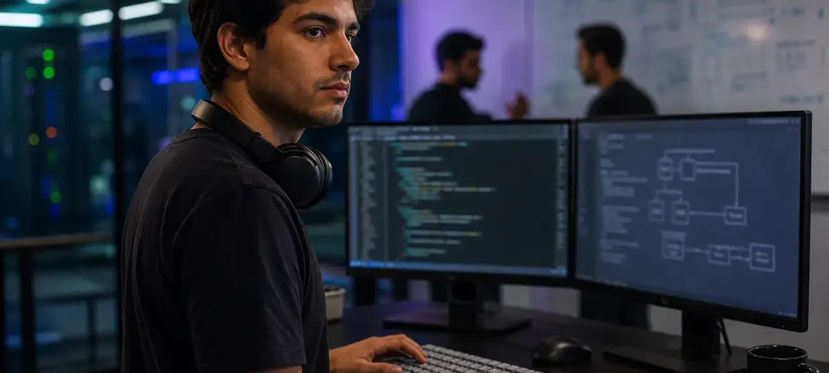 Joven ingeniero de IA con auriculares al cuello escribiendo en un teclado mecánico gris, frente a dos monitores con código y un diagrama de arquitectura, en una oficina de tecnología con sala de servidores y colegas ante una pizarra al fondo