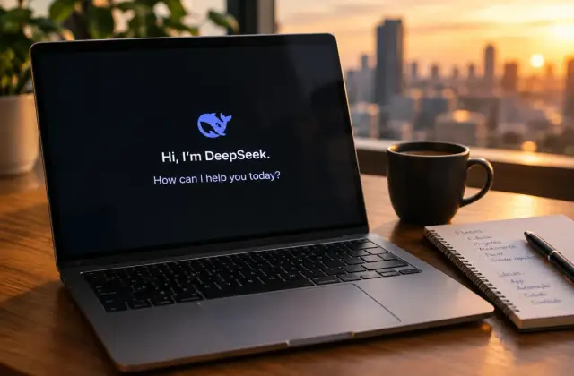 Portátil abierto sobre una mesa de madera con la pantalla mostrando el mensaje de bienvenida del chatbot DeepSeek, junto a una taza de café y un cuaderno de notas, con el atardecer sobre la ciudad al fondo