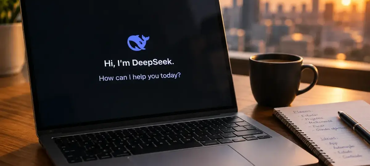 Portátil abierto sobre una mesa de madera con la pantalla mostrando el mensaje de bienvenida del chatbot DeepSeek, junto a una taza de café y un cuaderno de notas, con el atardecer sobre la ciudad al fondo