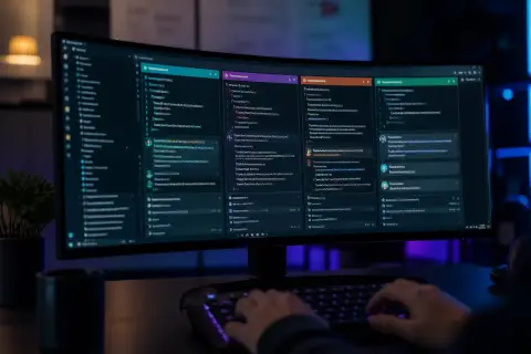 Foto gran angular de un monitor ultrawide curvo sobre un escritorio oscuro de desarrollador por la noche, mostrando un editor de código con varios paneles de color de chat de agentes de IA lado a lado, lo que sugiere varios agentes trabajando en paralelo, con la silueta desenfocada de unas manos escribiendo en un teclado mecánico en primer plano