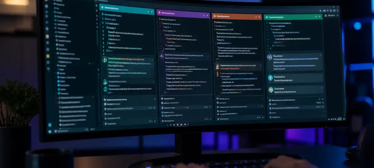 Foto gran angular de un monitor ultrawide curvo sobre un escritorio oscuro de desarrollador por la noche, mostrando un editor de código con varios paneles de color de chat de agentes de IA lado a lado, lo que sugiere varios agentes trabajando en paralelo, con la silueta desenfocada de unas manos escribiendo en un teclado mecánico en primer plano