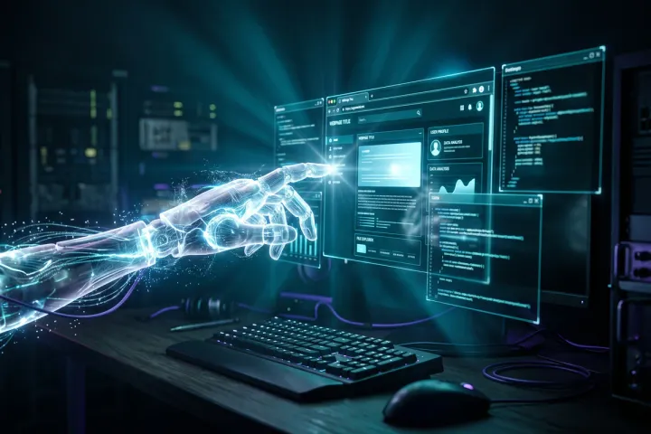 Glowing translucent robotic hand reaching toward a holographic browser and code interface, illustrating GPT-6 Astra's computer-use capabilities