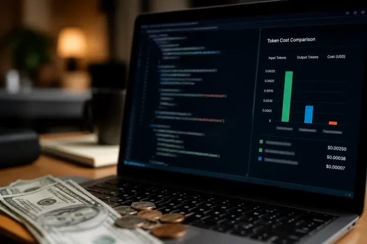 Foto editorial en primer plano de la pantalla de un portátil mostrando un editor de código desenfocado y un gráfico de comparación de costo por token, con billetes y monedas de dólar estadounidense suavemente fuera de foco sobre la mesa en primer plano