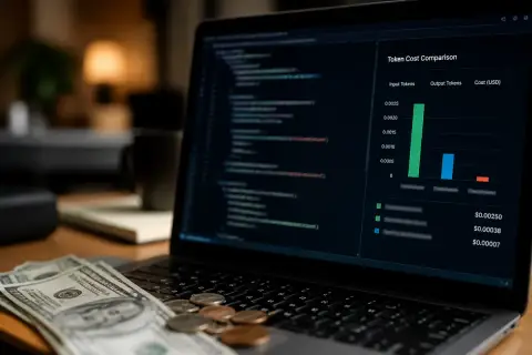Foto editorial en primer plano de la pantalla de un portátil mostrando un editor de código desenfocado y un gráfico de comparación de costo por token, con billetes y monedas de dólar estadounidense suavemente fuera de foco sobre la mesa en primer plano