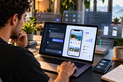 Desarrollador visto de espaldas frente a un portátil que muestra un chat con IA junto a la vista previa de una app de viajes en el celular, con paneles flotantes de código, herramientas y checklist alrededor, en un escritorio con plantas y vista a la ventana