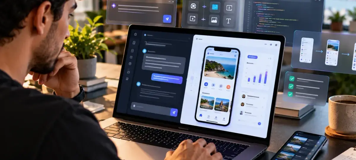 Desarrollador visto de espaldas frente a un portátil que muestra un chat con IA junto a la vista previa de una app de viajes en el celular, con paneles flotantes de código, herramientas y checklist alrededor, en un escritorio con plantas y vista a la ventana