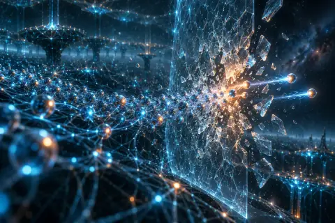 Ilustración fotorrealista en 3D de esferas luminosas, que representan agentes de IA, atravesando una red neuronal y rompiendo una barrera de vidrio de seguridad