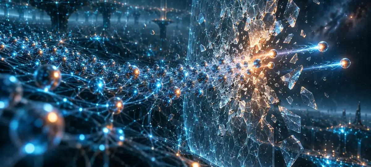 Ilustración fotorrealista en 3D de esferas luminosas, que representan agentes de IA, atravesando una red neuronal y rompiendo una barrera de vidrio de seguridad