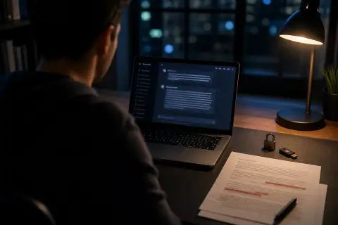 Foto editorial por encima del hombro de una persona de noche frente a un portátil con un chat de IA abierto, con un documento impreso con líneas marcadas en rojo, un candado y una llave de seguridad USB sobre la mesa