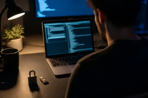 Foto editorial por encima del hombro de un desarrollador de noche frente a un portátil con una terminal desenfocada, con un candado y una llave de seguridad USB sobre la mesa y una lámpara encendida al lado