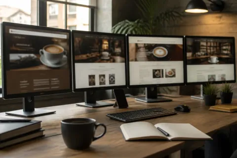 Foto editorial de cuatro monitores lado a lado en un banco de trabajo, cada uno mostrando una página web desenfocada en tonos marrones y crema, con luz suave de fin de tarde