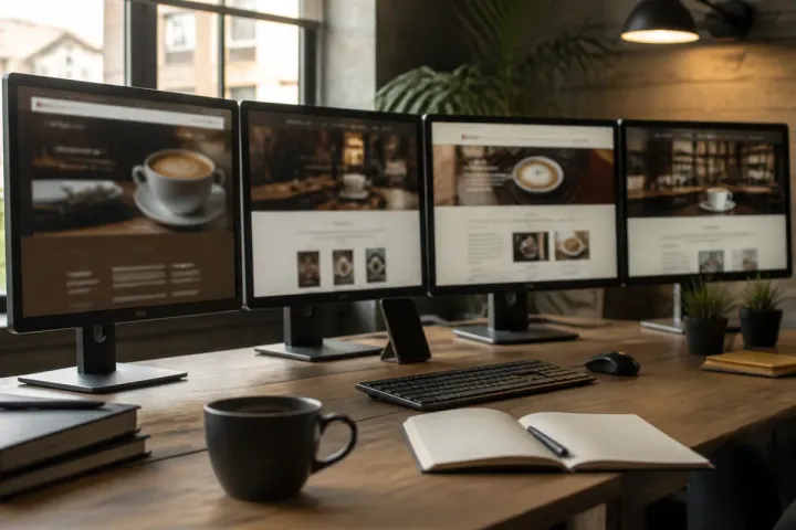 Foto editorial de cuatro monitores lado a lado en un banco de trabajo, cada uno mostrando una página web desenfocada en tonos marrones y crema, con luz suave de fin de tarde