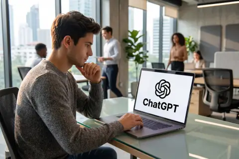 Profesional pensativo frente a un portátil con ChatGPT en pantalla en una oficina moderna con colegas al fondo