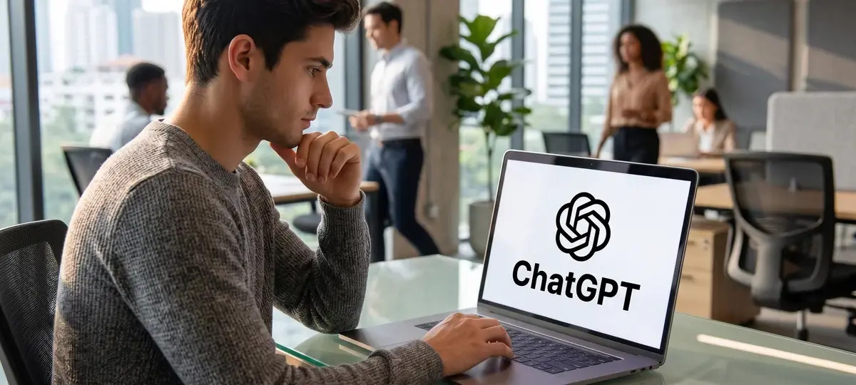 Profesional pensativo frente a un portátil con ChatGPT en pantalla en una oficina moderna con colegas al fondo