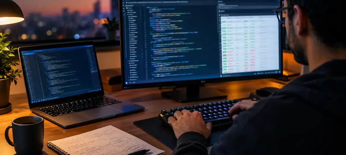 Foto editorial del escritorio de un desarrollador con un portátil que muestra un editor de código y una tabla de resultados de pruebas, junto a cuadernos con anotaciones a mano, luz suave de atardecer y poca profundidad de campo
