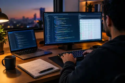 Foto editorial del escritorio de un desarrollador con un portátil que muestra un editor de código y una tabla de resultados de pruebas, junto a cuadernos con anotaciones a mano, luz suave de atardecer y poca profundidad de campo