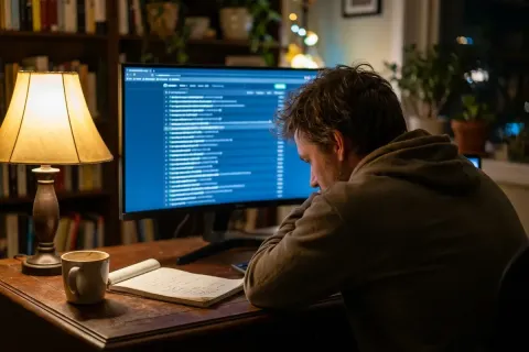 Foto editorial por encima del hombro de un mantenedor de open source cansado, de noche, frente a un monitor con una lista enorme y desenfocada de pull requests, con luz cálida de lámpara y una taza de café sobre la mesa de madera