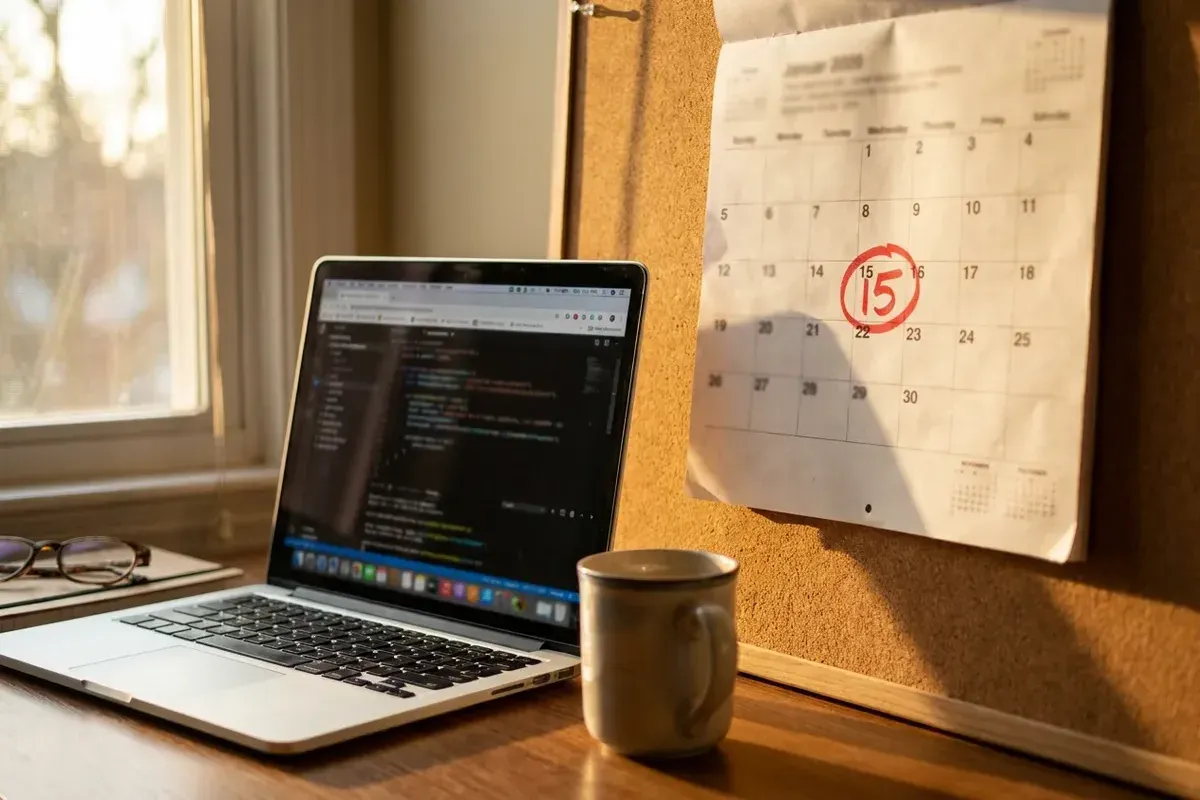 Un calendario de pared de papel con una fecha rodeada con marcador rojo junto a un portátil y una taza de café