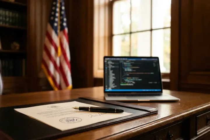 Foto editorial de un documento oficial firmado y una pluma estilográfica sobre una mesa de madera pulida en una oficina de estilo gubernamental, con una bandera estadounidense y un portátil con un editor de código desenfocado al fondo