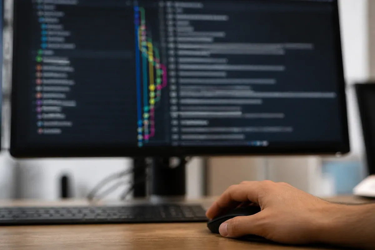 Primer plano de un monitor mostrando un gráfico de commits de git desenfocado con líneas de ramas de colores