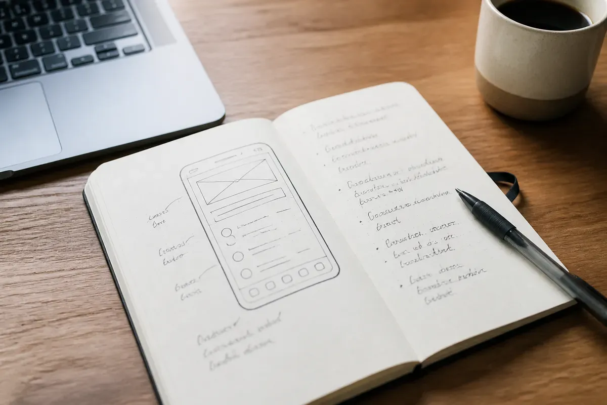 Un cuaderno abierto con un wireframe de app dibujado a mano y notas en viñetas junto a un portátil y una taza de café sobre una mesa