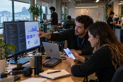 Foto documental de dos desarrolladores en una oficina de startup, uno de ellos señalando un monitor con código y un panel de app en línea mientras su compañera revisa la app en el celular, con otros colegas trabajando al fondo y una gran ventana con vista a la ciudad