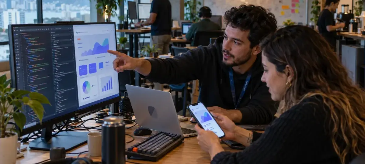 Foto documental de dos desarrolladores en una oficina de startup, uno de ellos señalando un monitor con código y un panel de app en línea mientras su compañera revisa la app en el celular, con otros colegas trabajando al fondo y una gran ventana con vista a la ciudad