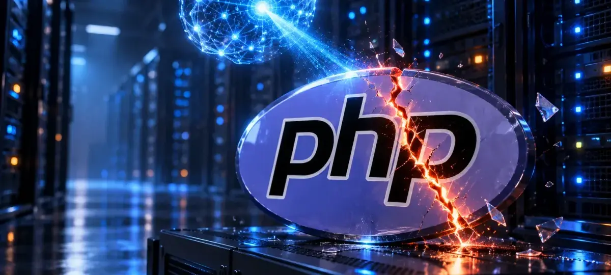 Logo de PHP agrietado por una fisura naranja en una sala de servidores, con una esfera de red neuronal azul proyectando un haz de luz sobre el fallo