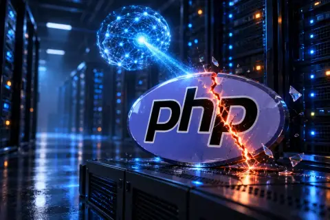 Logo de PHP agrietado por una fisura naranja en una sala de servidores, con una esfera de red neuronal azul proyectando un haz de luz sobre el fallo